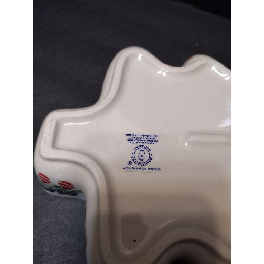 Polish Pottery Manufaktura Boleslawcu Christmas Tree Dish 9.5" Blue Snowflakes - Picture 4 of 9